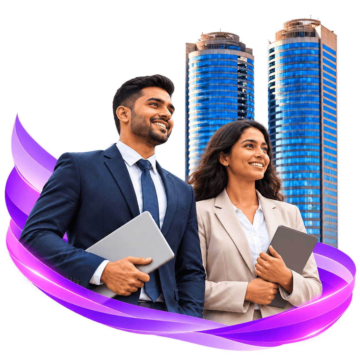 Two professionals with the World Trade Center towers behind them and flowing purple ribbons